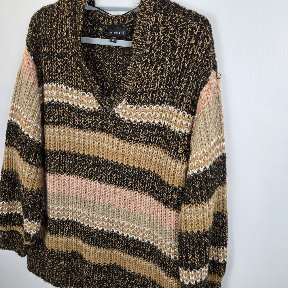 LANE BRYANT size 18 20 V Neck Oversized Ribbed Knit Drop Shoulder Brown Stiped